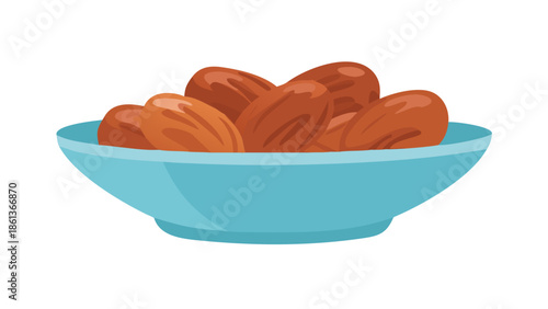 Vector icon of a small bowl filled with dates fruit, symbol of breaking the fast, flat minimalist style