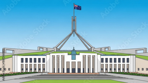 Australian parliament house in canberra with flagpole and blue sky background