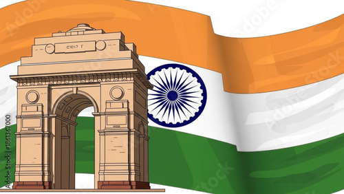 Gateway of india monument with indian flag, national symbol, india arch, republic day, independence day, patriotic icon, new delhi landmark, asian architecture, cultural