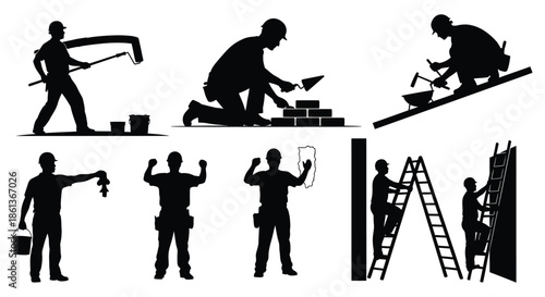 Collection of construction workers silhouettes performing various tasks on a building site