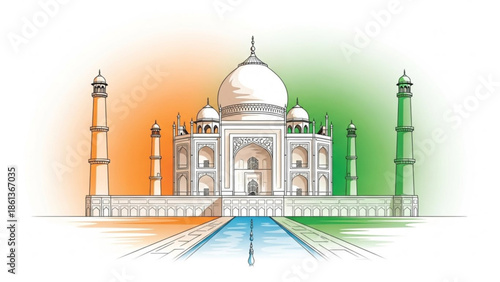 Colorful illustration of the taj mahal with indian flag colors, white marble architecture, large central dome, four smaller domes, two tall minarets on either side