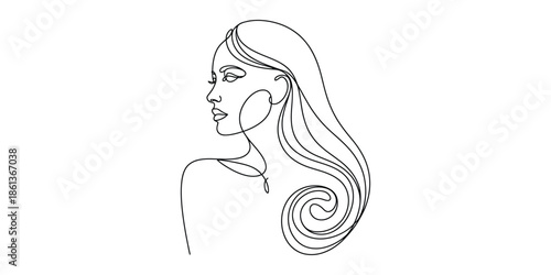 Elegant continuous line art of a woman with long flowing hair looking back
