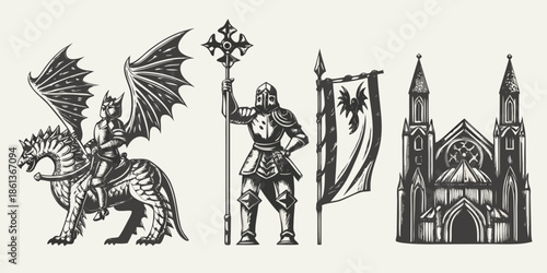 Medieval fantasy illustration featuring a knight dragon rider banner and gothic architecture