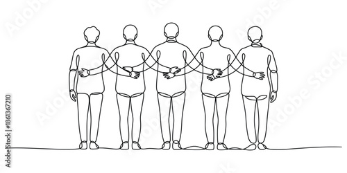 Continuous line art of five people holding hands, symbolizing unity and connection