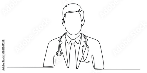 Continuous line art drawing of a medical doctor with a stethoscope for healthcare