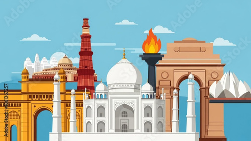 Illustration of famous indian landmarks and monuments in vibrant colors against a blue sky with clouds, showcasing cultural heritage and travel destinations