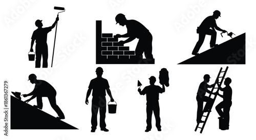 Construction workers in various tasks and poses