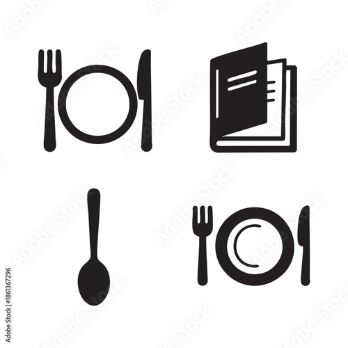Restaurant icon. Fork, knife, plate and spoon. Menu symbol. Food, plate, fork, knife, spoon, cutlery icon set.