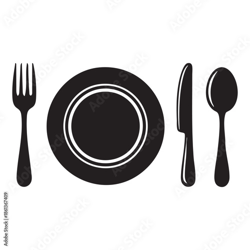 Restaurant icon. Fork, knife, plate and spoon. Menu symbol. Food, plate, fork, knife, spoon, cutlery icon set.