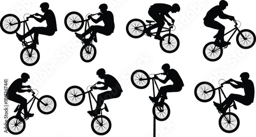 BMX bike stunt rider silhouette set, extreme cycling tricks, freestyle bicycle action poses, urban sports flat vector illustration