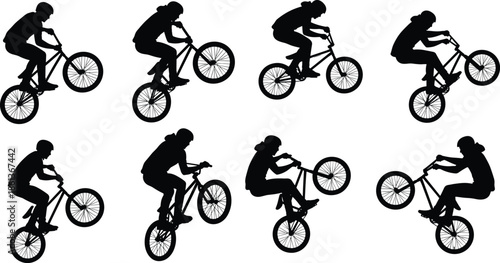 Black silhouette collection of BMX rider performing wheelie and manual stunts, set of urban bicycle athlete action poses isolated on white background. (23 words)