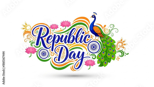 Vibrant republic day celebration graphic with peacock, flowers, and indian flag colors, symbolizing national pride and festivity