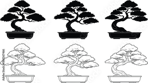Bonsai tree silhouette and line art set, Japanese miniature plant in ceramic pot, black and white vector illustration collection