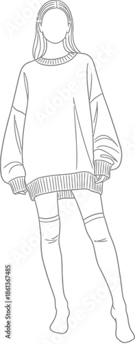 Minimalist line art drawing of a young woman wearing an oversized sweater and thigh high stockings outlines for coloring