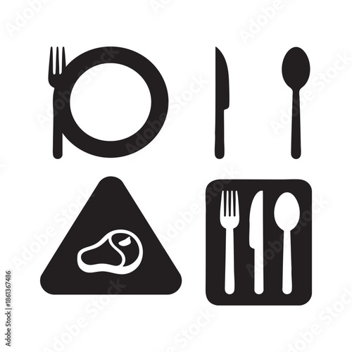 Restaurant icon. Fork, knife, plate and spoon. Menu symbol. Food, plate, fork, knife, spoon, cutlery icon set.