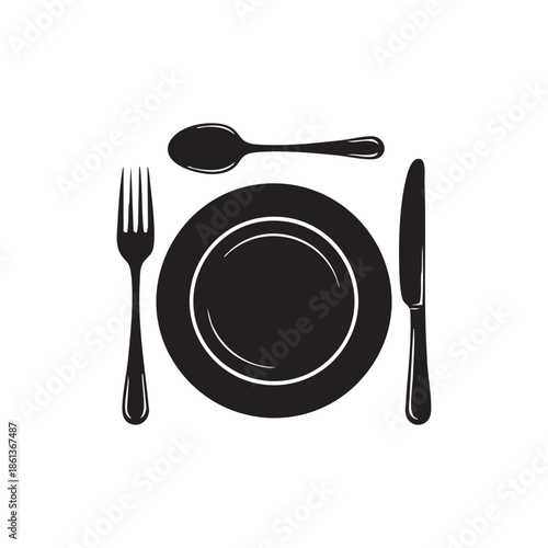 Restaurant icon. Fork, knife, plate and spoon. Menu symbol. Food, plate, fork, knife, spoon, cutlery icon set.