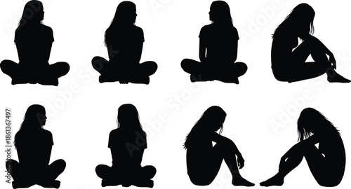 Collection of black woman silhouettes sitting in various poses, sad lonely girl and relaxed yoga positions, isolated vector illustrations on white background.
