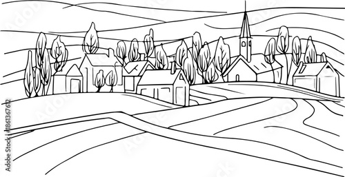 Rural Serenity: An idyllic sketch of a quaint village nestled amidst rolling hills, where simplicity and charm intertwine, inviting a sense of peace and tranquility.