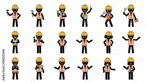 Construction Worker Stick Figures with Tools Set