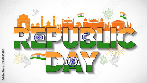 Indian republic day celebration with national flag colors and monuments illustration