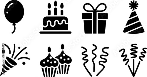 Party Celebration Icons Set EPS Balloon Cake Gift Confetti Vector