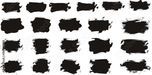 A collection of 25 black ink brush strokes on a white background