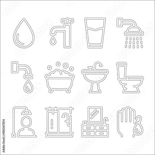 Hygiene and water management thin line icons set including tap glass shower bathtub sink toilet and laundry symbols for home care vector illustration