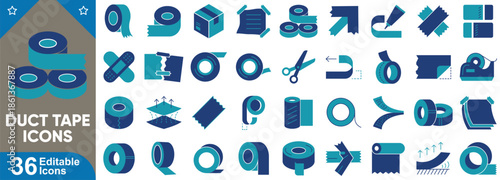 Complete professional duct tape icons mega pack. Industrial repair tools, sealing, wrapping, packaging and utility design graphics collection.