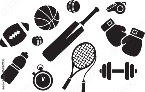 Set of black sports equipment icons including cricket bat basketball football tennis racket and boxing gloves