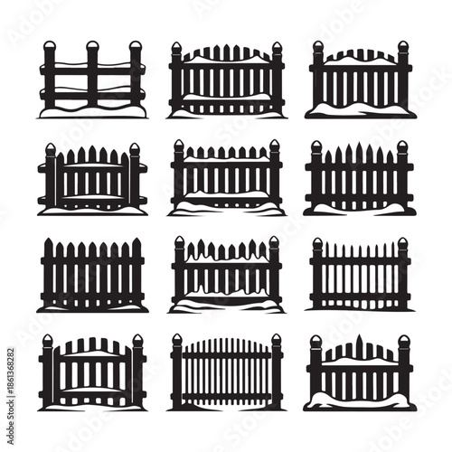 Collection of Different Designs of Stylized Wooden Winter Fences With Snow Caps in Black and White as Vector Illustrations of Enclosures