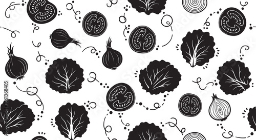 Collection of hand drawn vegetable and plant icons in seamless pattern