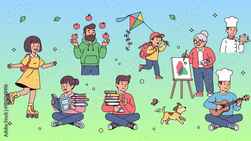 People of all ages enjoying diverse hobbies and activities in a cheerful setting