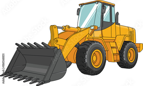 Wheel Loader Construction Vehicle Vector Illustration, Heavy Equipment Front Loader Machine in Yellow, Detailed Industrial Machinery Design for Engineering and Building Projects