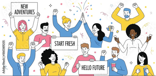 Diverse group of happy people celebrating a successful transition holding signs that express new beginnings and optimism for the future.