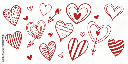 A playful collection of red and white hand-drawn hearts in various styles—striped, dotted, scalloped, and arrow-pierced—set against a clean white background, evoking themes of love and romance.