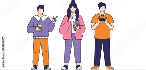 Young people enjoying fast food snacks flat vector illustration with friends eating popcorn, burgers and drinking soda