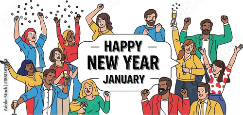 Diverse group of excited people celebrating the happy new year arrival during the festive month of January