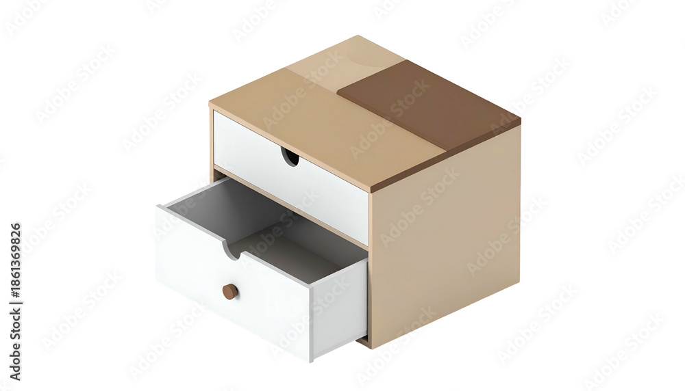 Obraz premium Isometric view of a small, minimalist wooden storage cube with two drawers, one open