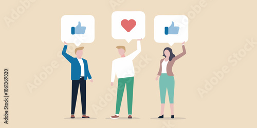 People reacting with social media like love and thumbs up icons
