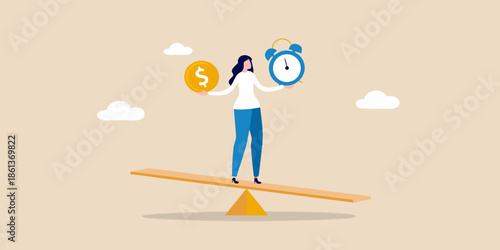 Balancing financial priorities a woman weighing money and time on a seesaw