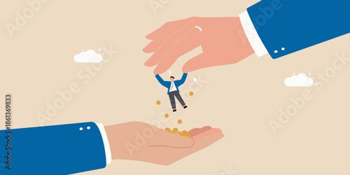 A helping hand extends to lift a tiny person with falling coins