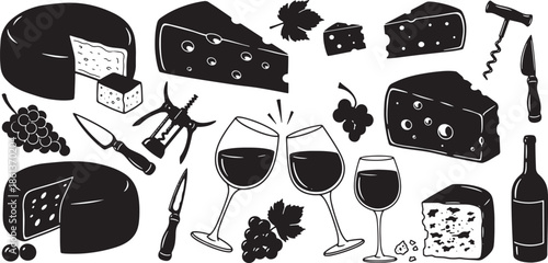 Set of wine and cheese party accessories isolated on transparent background