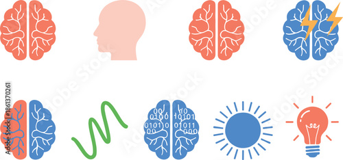 Brain and mind concept flat vector icon set illustrating psychology, intelligence, thinking, creativity, neural activity and mental processes