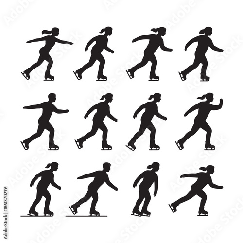 Set of Ice Skater Silhouettes with Different Poses and Actions for Winter Season Skating Rink or Sport Activities on White Background Ready to Use