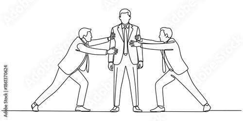 A businessman caught in the middle of a conflict, being pulled by two opposing forces