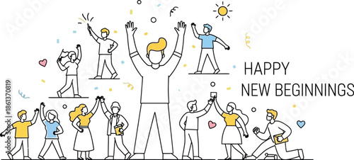 Cheerful outline illustration depicts a diverse group of happy people celebrating success and enthusiastically welcoming new beginnings together