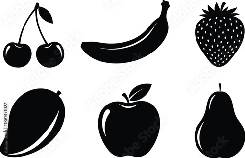 PrintBlack fruit silhouette vector set featuring cherry banana strawberry mango apple and pear icons isolated on white background for simple graphic design.