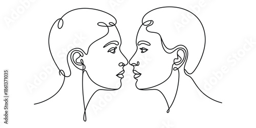 Continuous line art of two human faces in profile looking at each other, symbolizing connection