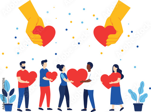 Charity and donation concept flat vector illustration with diverse people holding hearts, kindness, love, support and community care