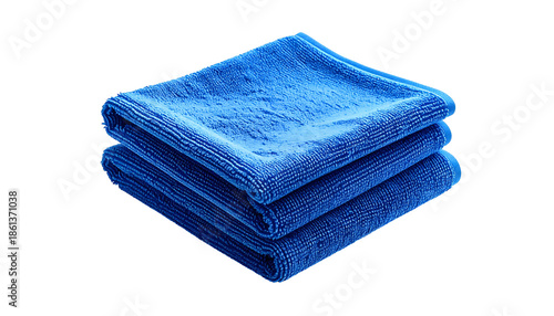 Stack of three blue microfiber cloths folded neatly. Black background highlights their texture
